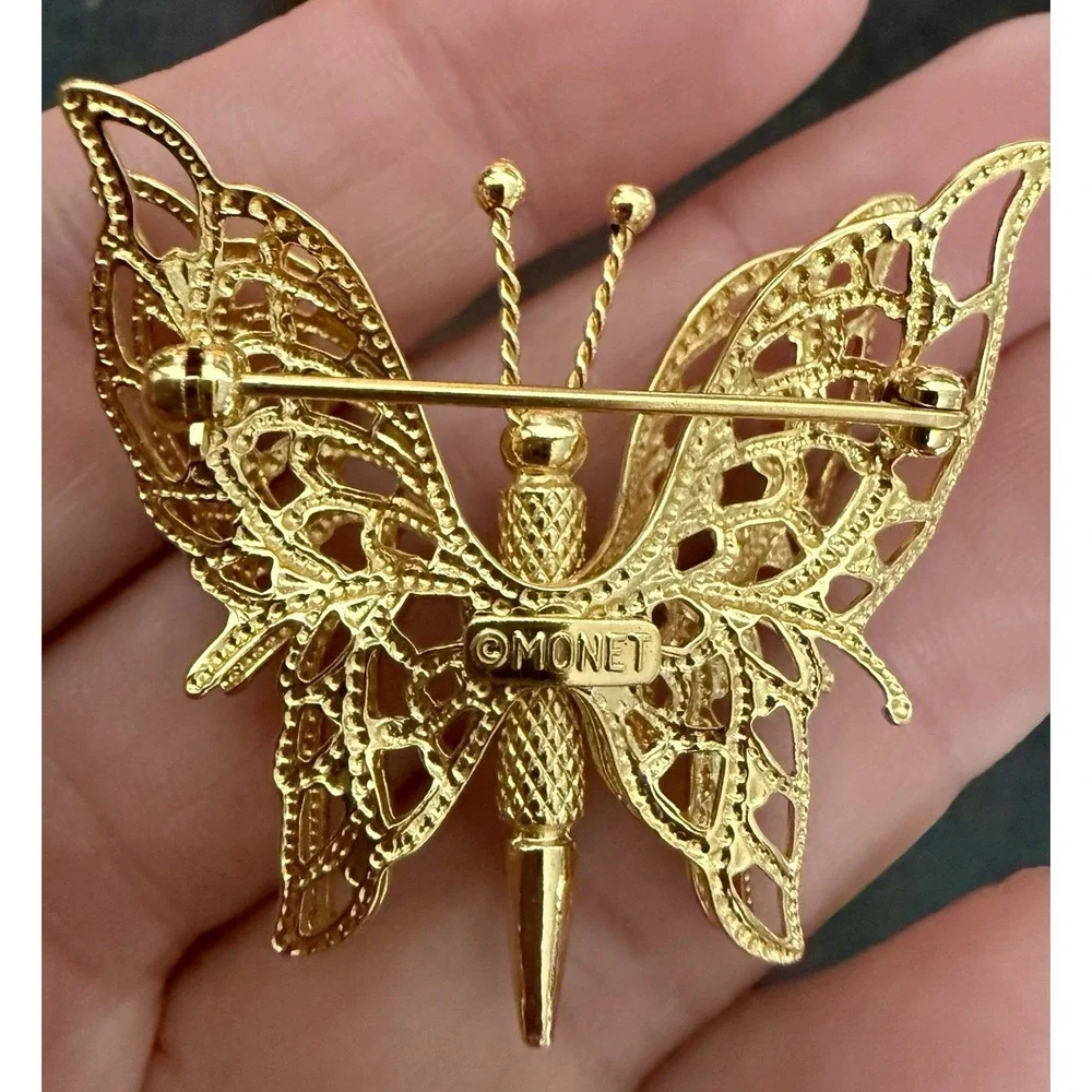 Vintage Signed Monet Gold Tone Butterfly Brooch Pin 3D Elegant 1